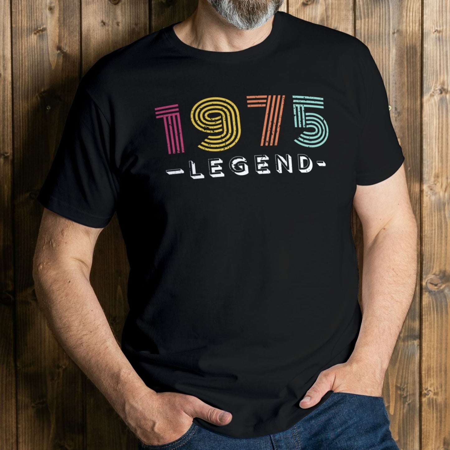 man wearing 1975 legend graphic tee