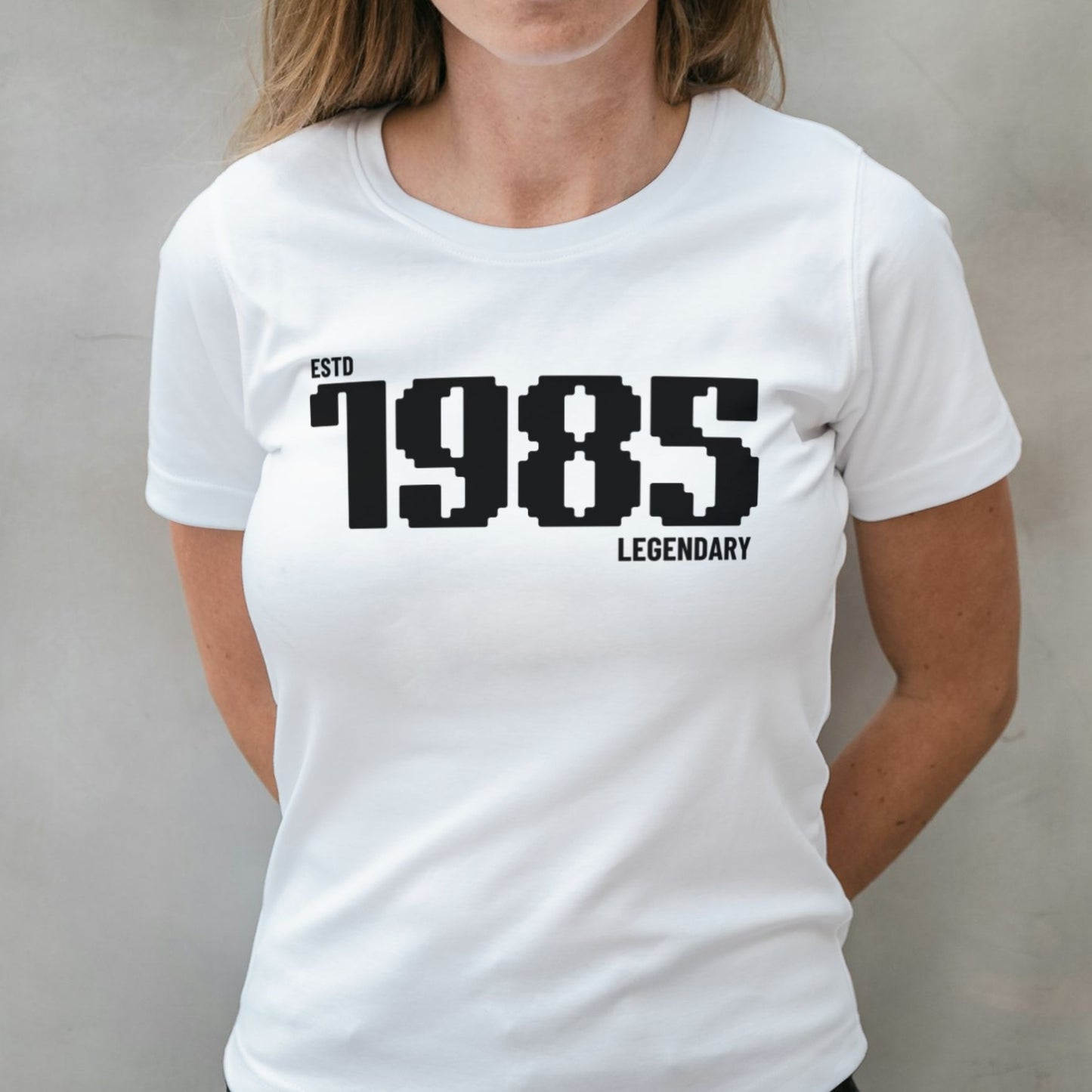 woman wearing 1985 t shirt