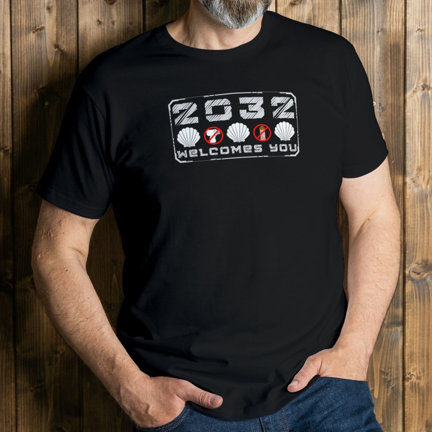 man wearing 2032 graphic tee