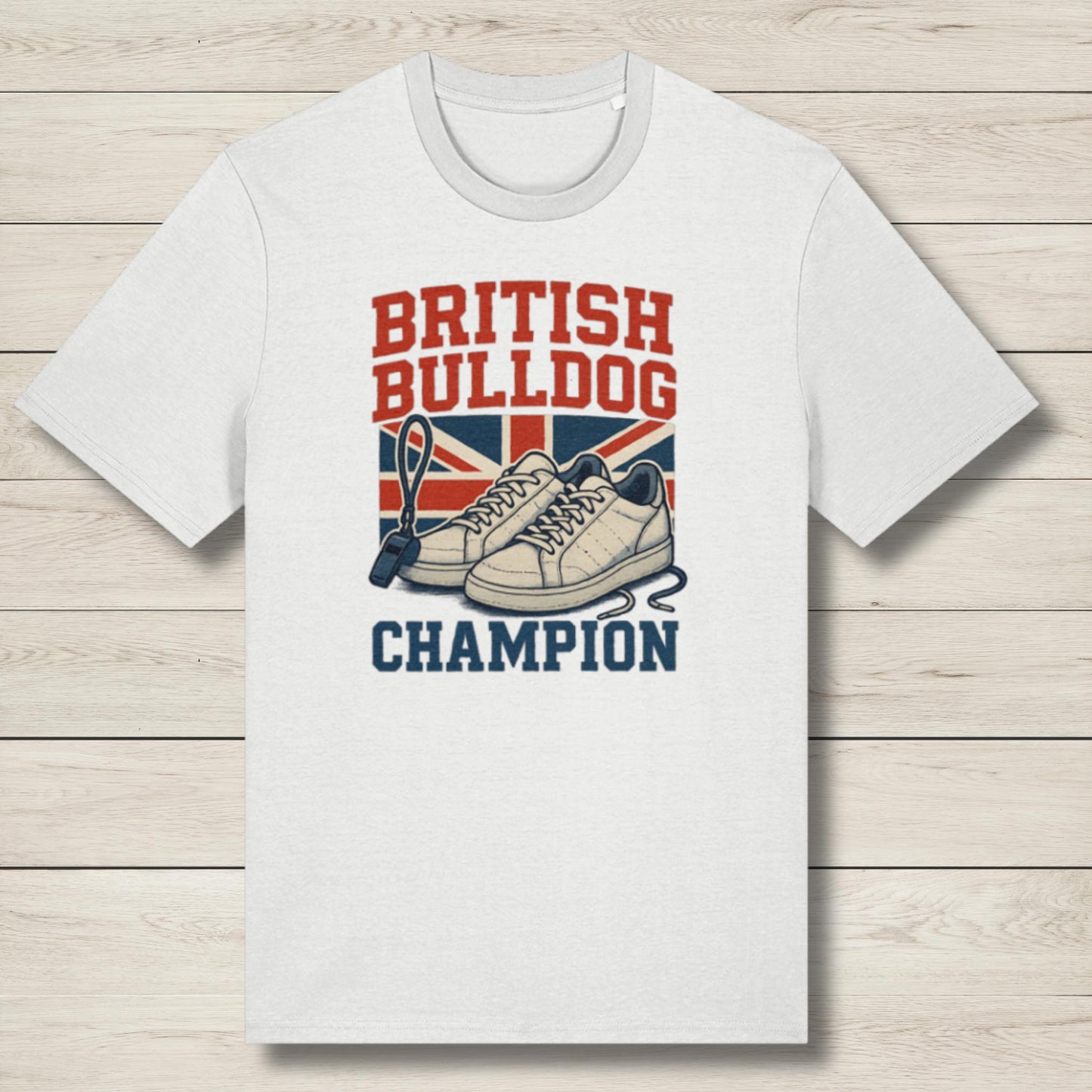 White t-shirt with 'British Bulldog Champion' graphic on a wooden surface
