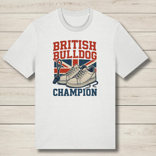 White t-shirt with 'British Bulldog Champion' graphic on a wooden surface