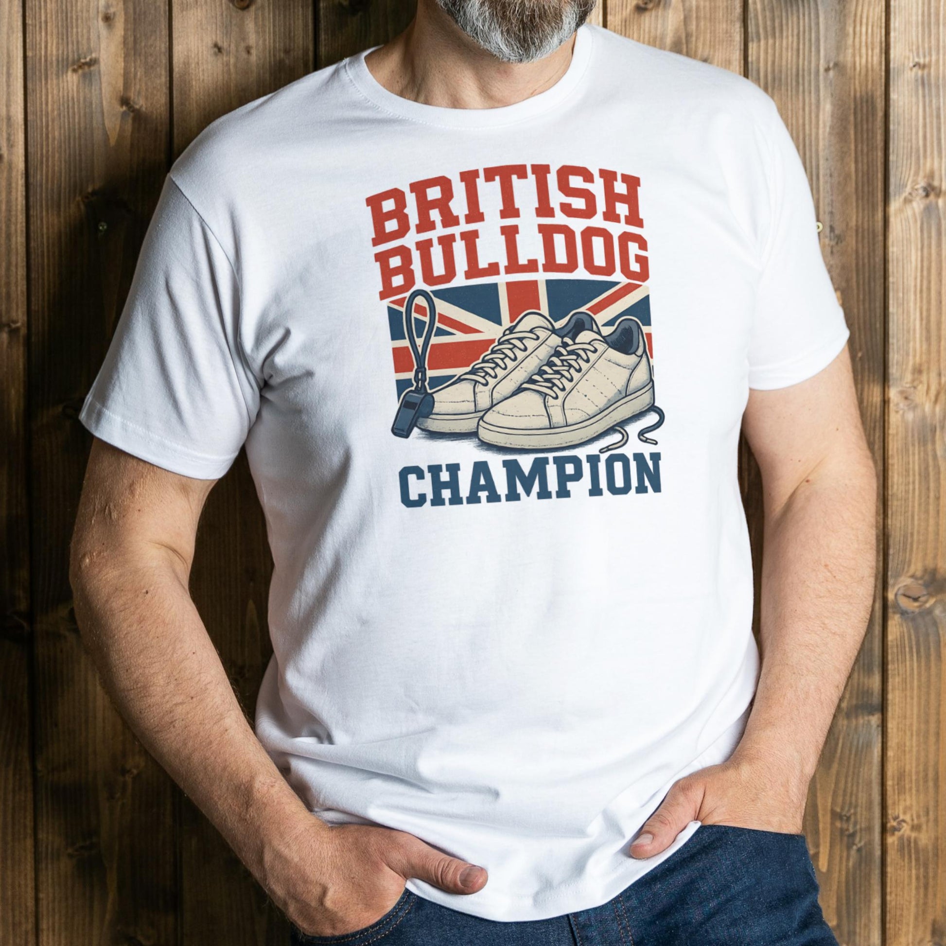 Person wearing a white t-shirt with 'British Bulldog Champion' design against a wooden background