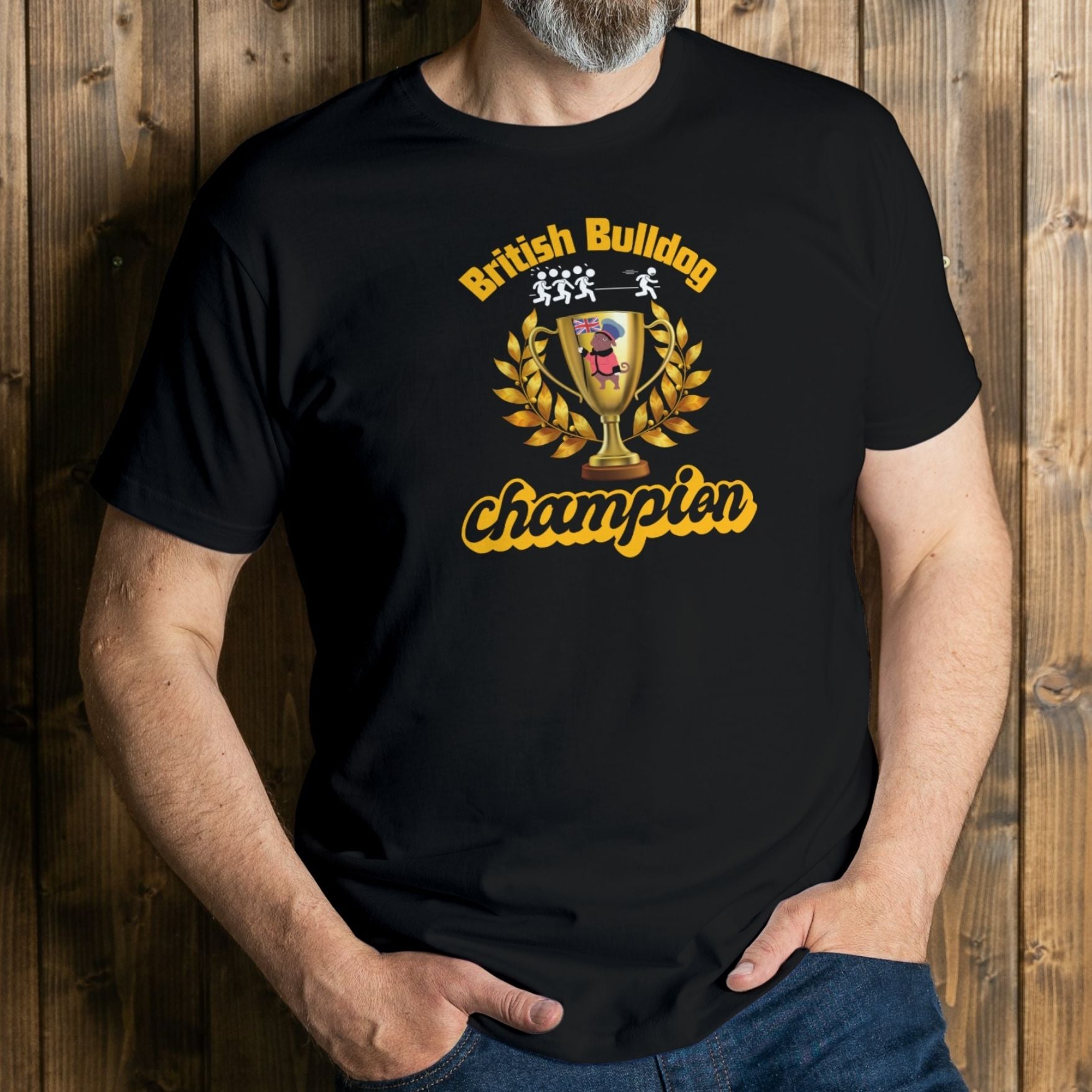 man wearing British bulldog graphic tee