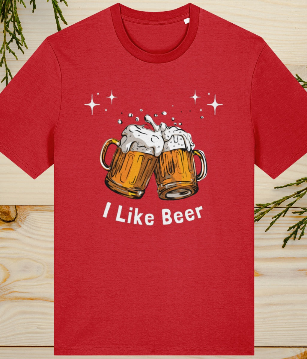 i like beer graphic on mens red t shirt