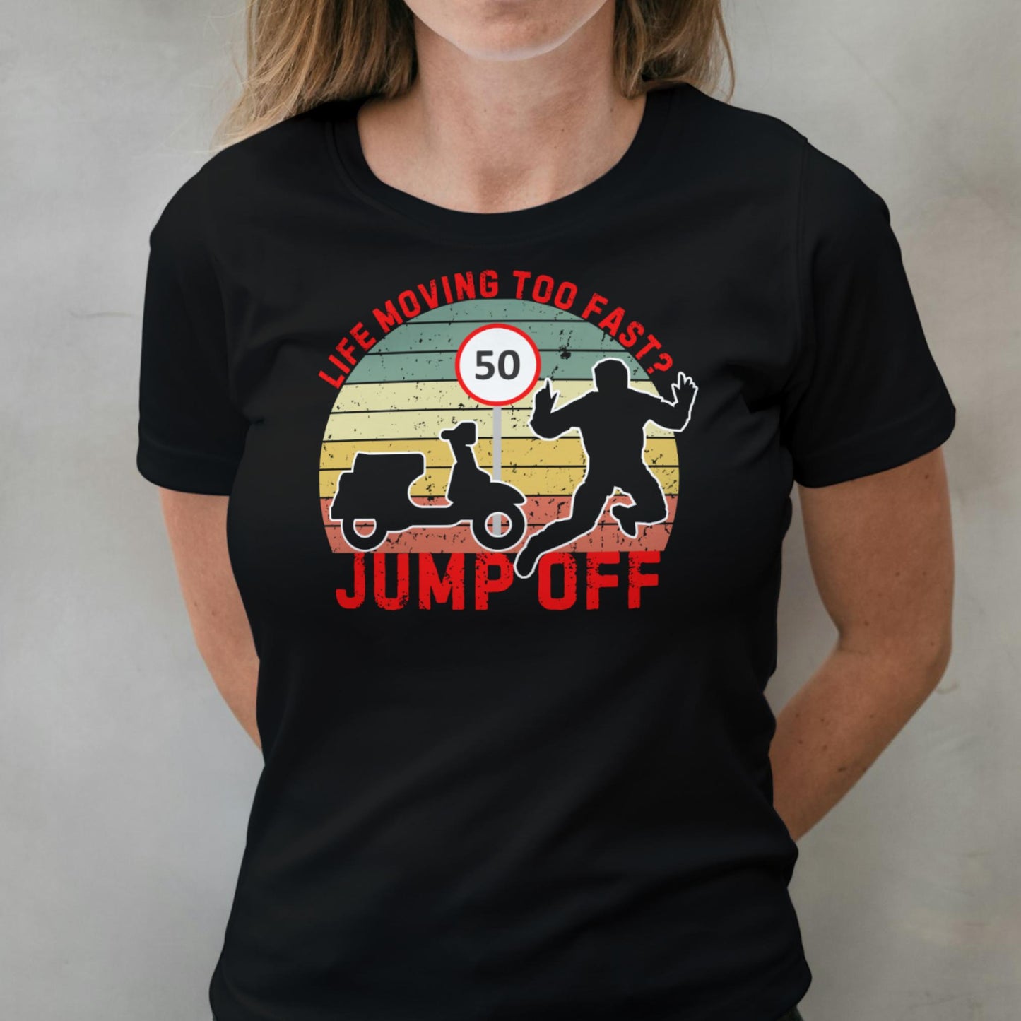 Person wearing a black t-shirt with a graphic design and text.