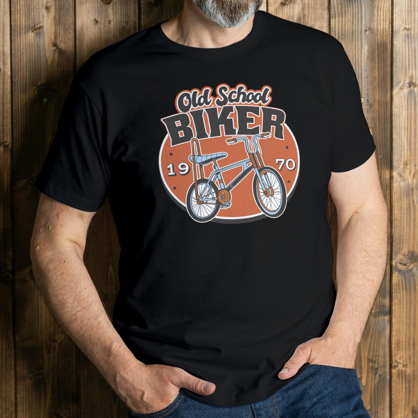 man wearing old school biker t shirt