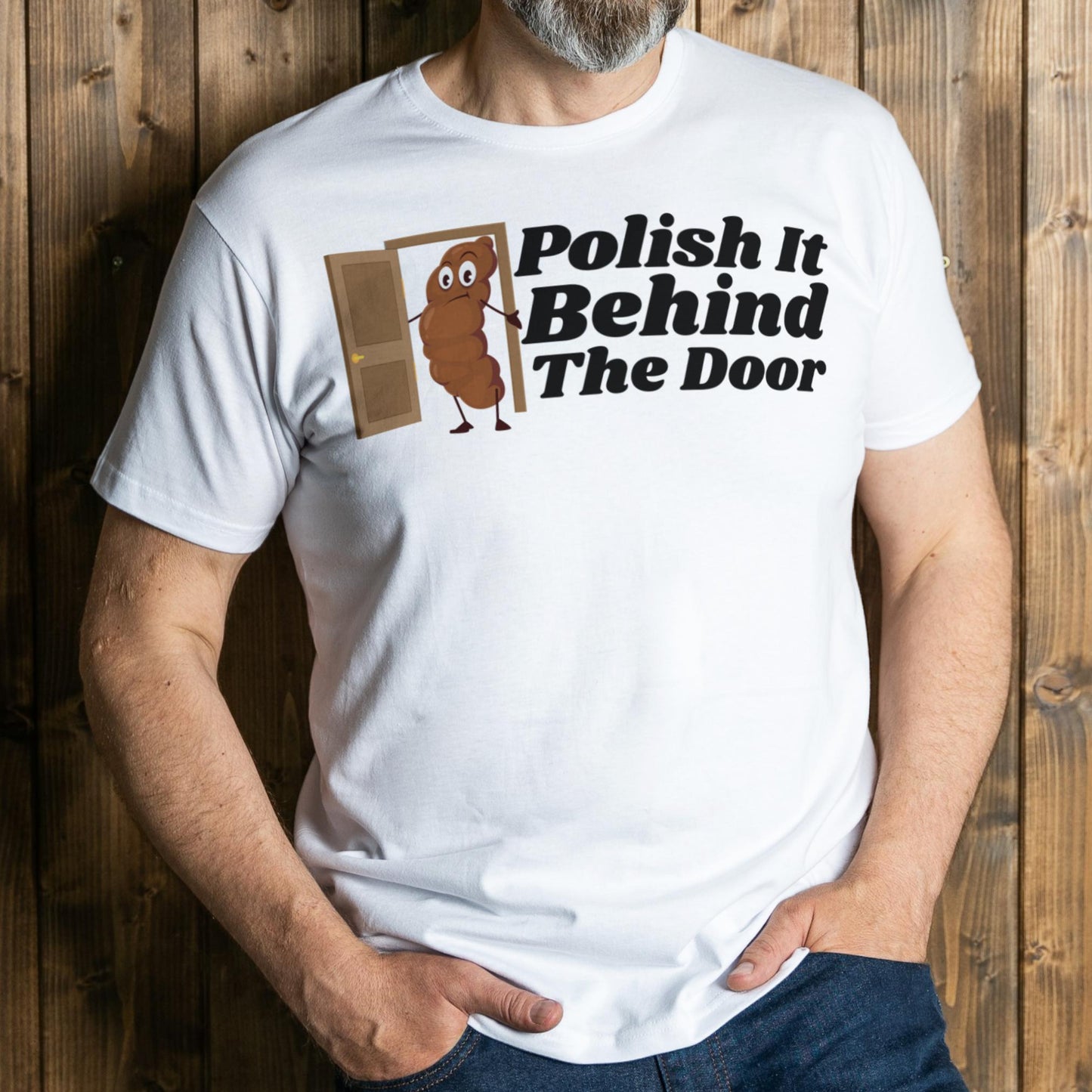 Person wearing a white t-shirt with a humorous graphic and text against a wooden background