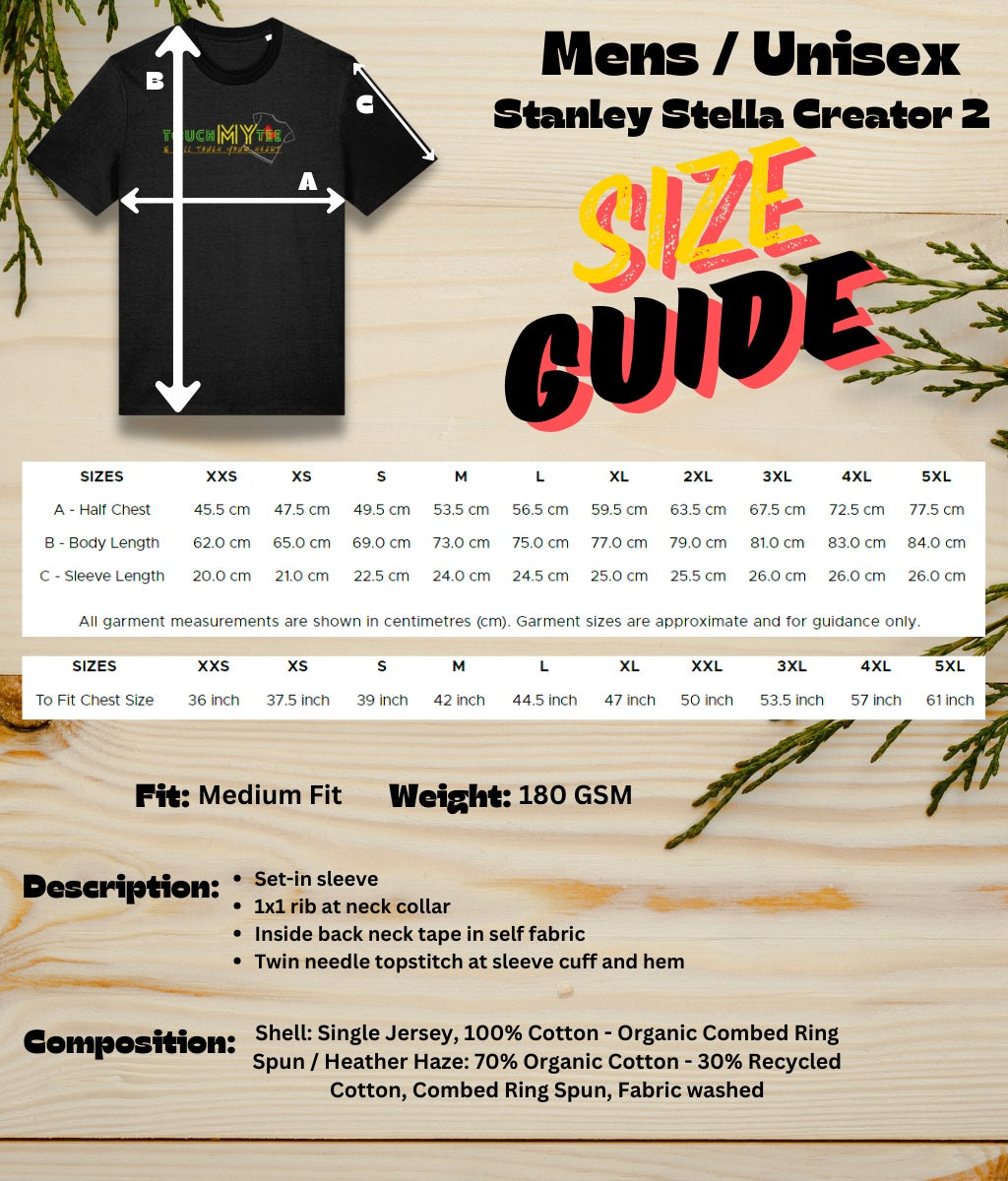 TOUCH MY TEE MENS UNISEX T SHIRT SIZE GUIDE FOR CREATOR 2