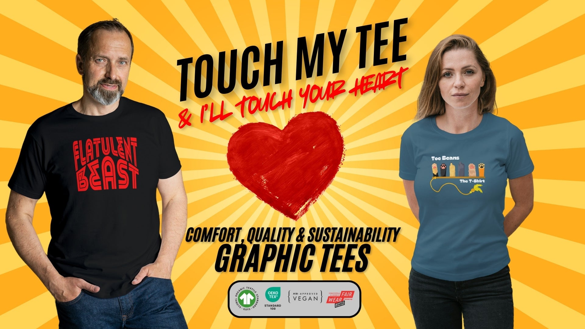 picture of man and women wearing graphic tees next to a touch my tee header