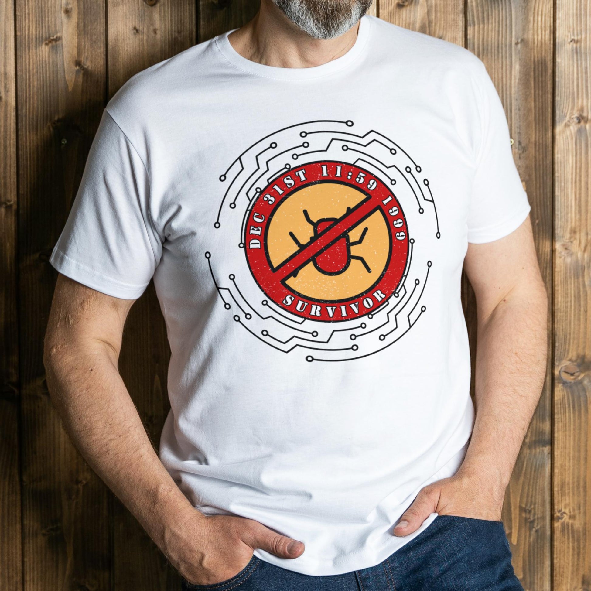 Person wearing a white t-shirt with a graphic design on a wooden background