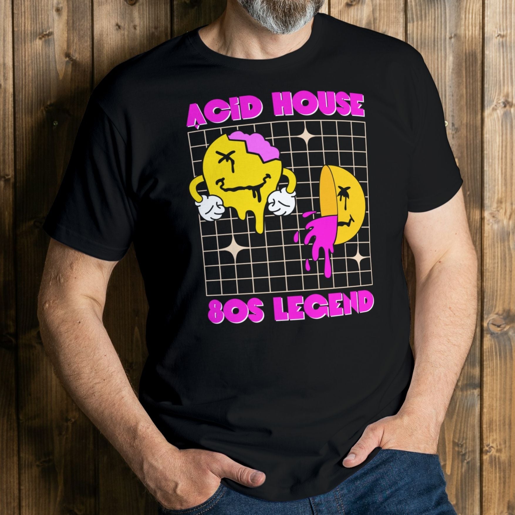 man wearing acid house 80s legend graphic tee
