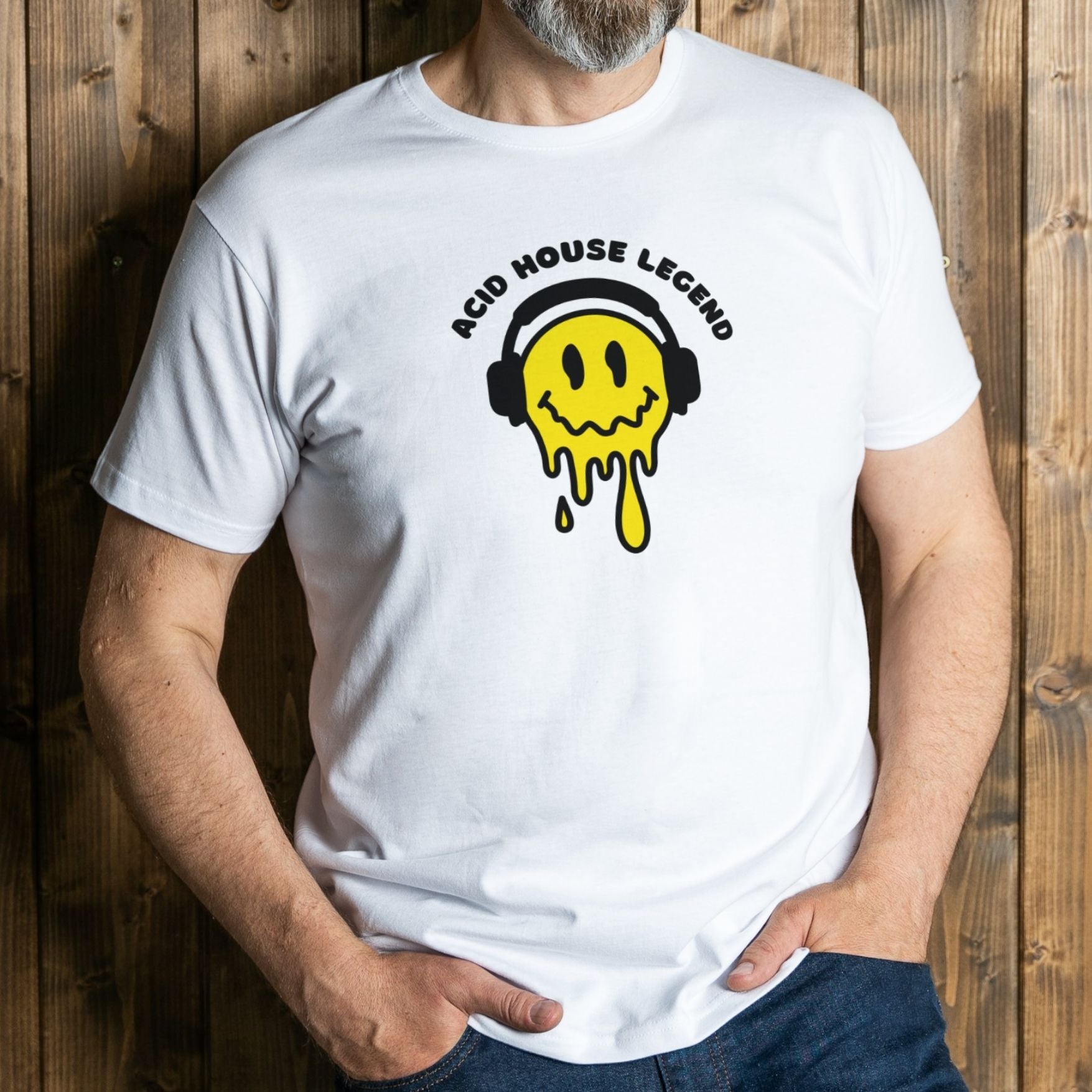 man wearing acid house legend graphic tee