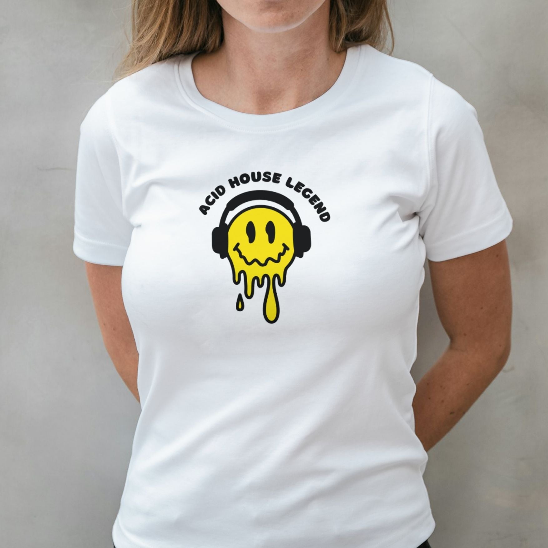 woman wearing acid house legend graphic tee