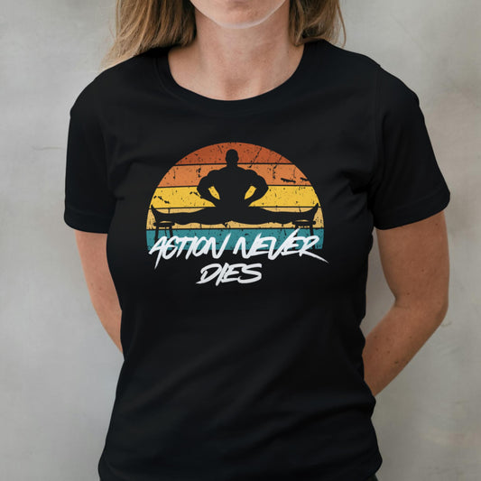 Black t-shirt with a graphic design and text on a plain background