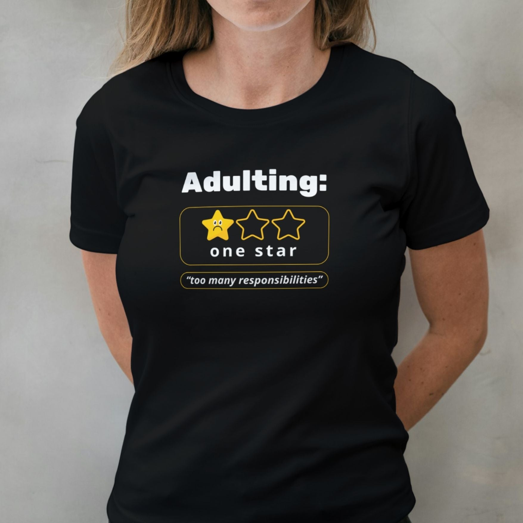 woman wearing adulting review graphic tee