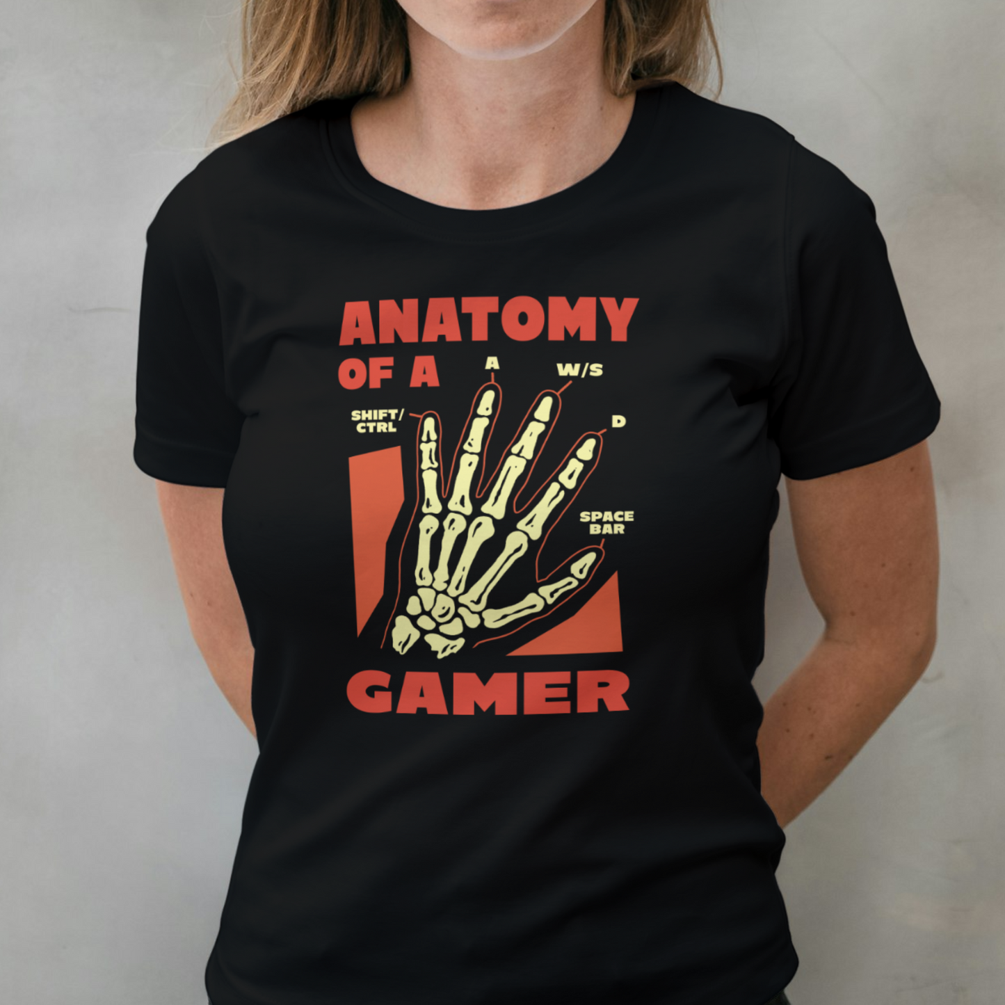 woman wearing gamer hands graphic tee