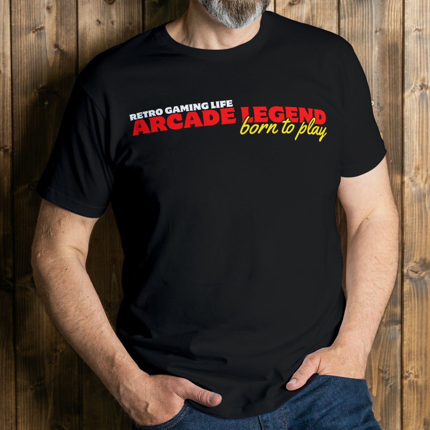 man wearing arcade legend born to play graphic tee