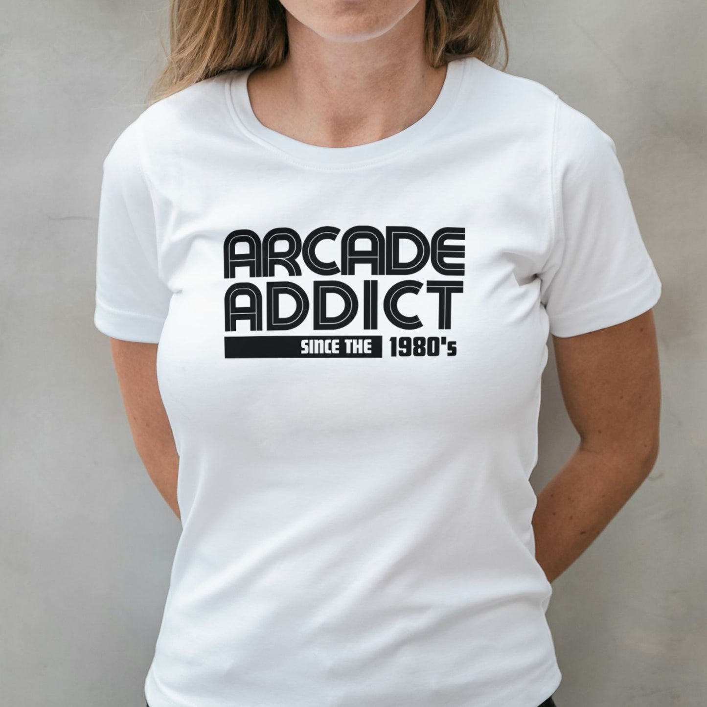 woman wearing arcade addict graphic tee