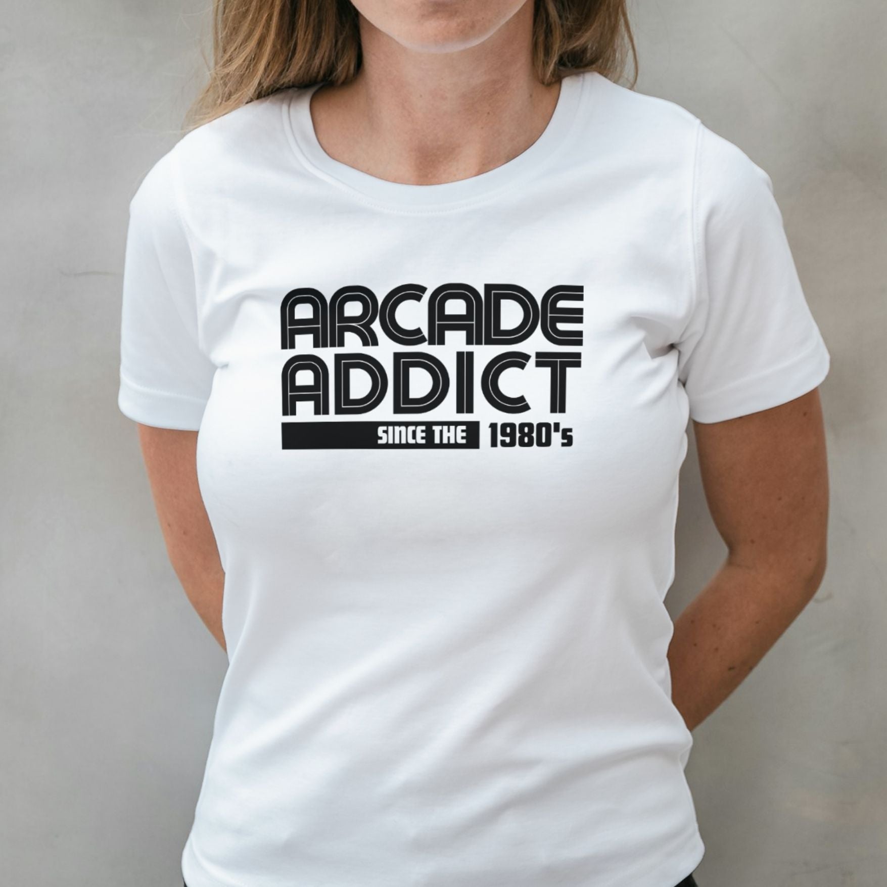 woman wearing arcade addict graphic tee