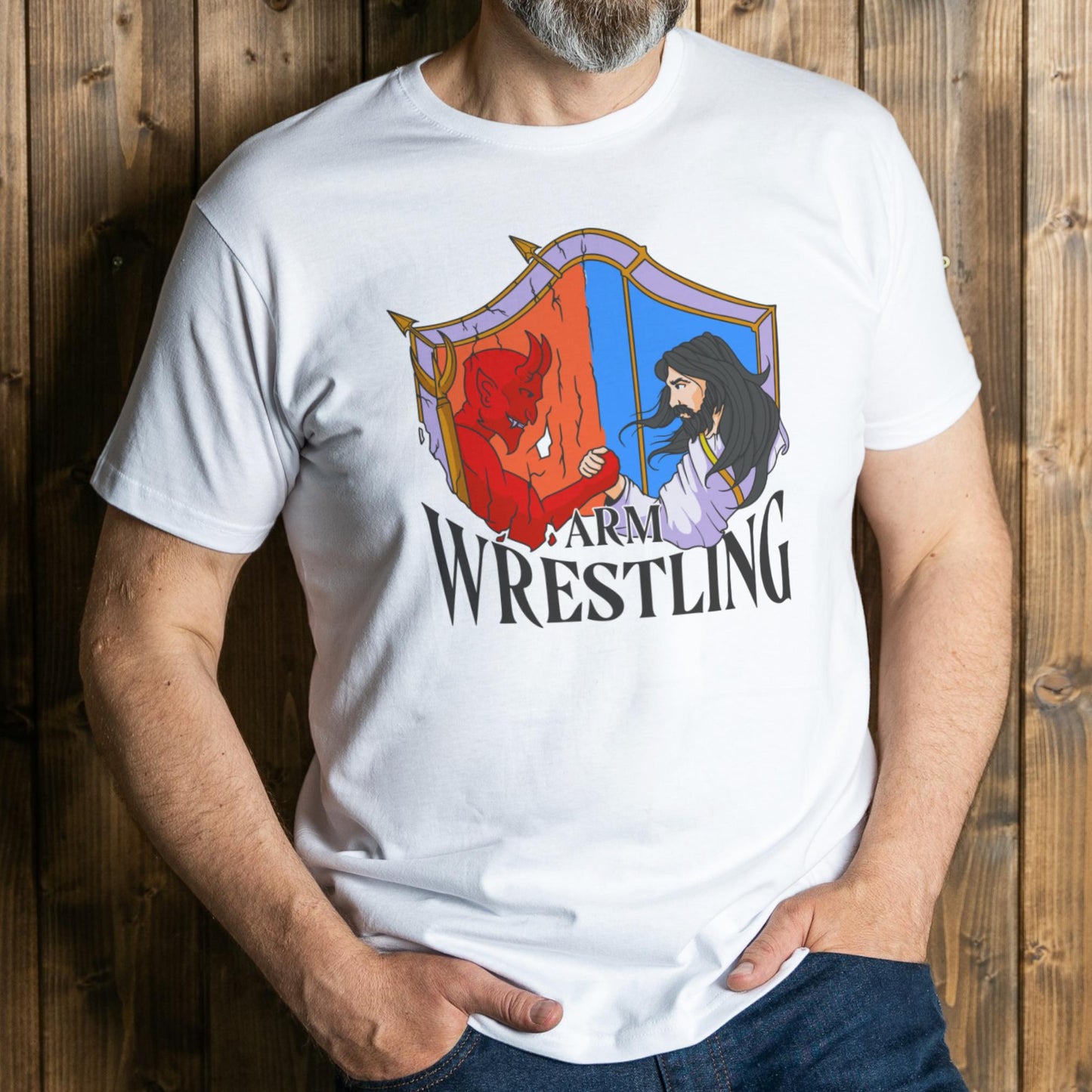 man wearing jesus arm wrestle t shirt