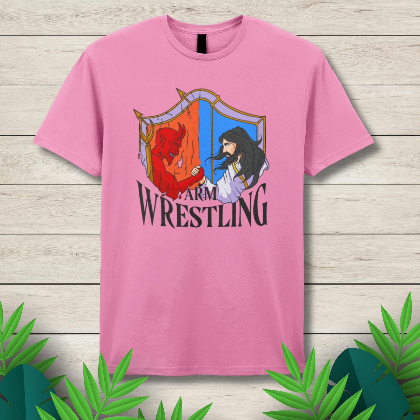 jesus arm wrestle pink t shirt