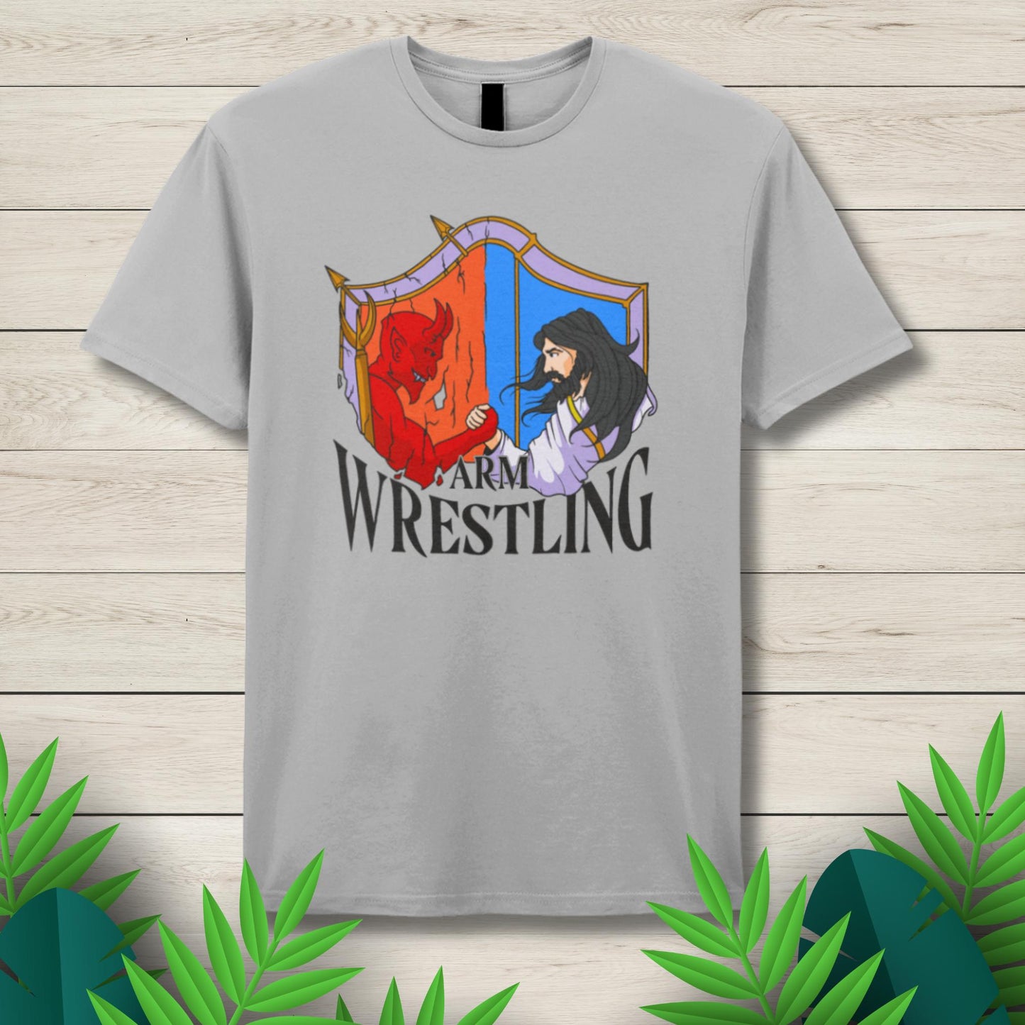 jesus arm wrestle gray t shirt