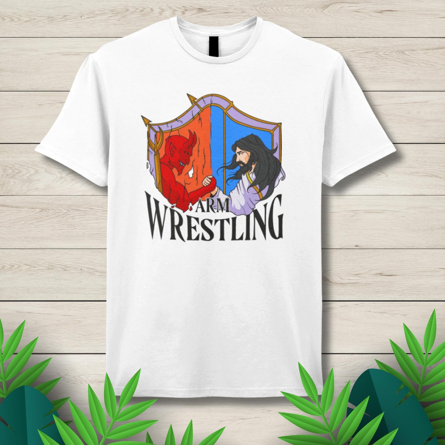 jesus arm wrestle white t shirt
