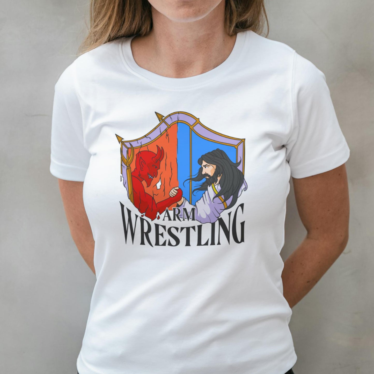 woman weaing arm wrestle t shirt