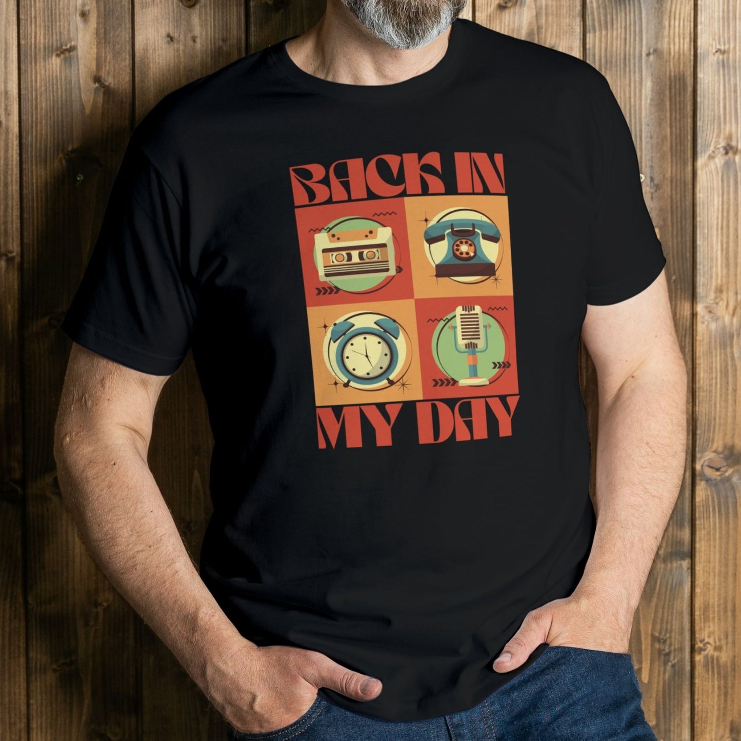 man earing back in my day graphic tee