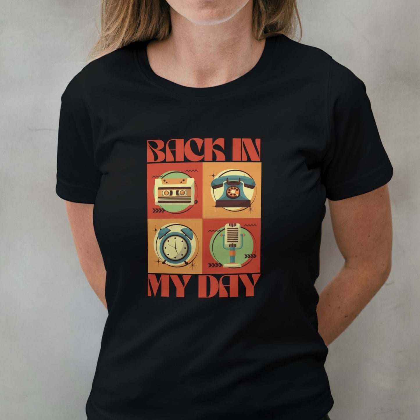 woman wearing back in my day graphic tee