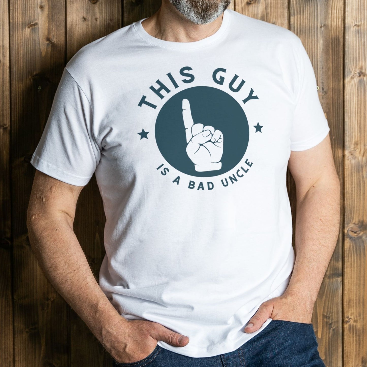 man wearing bad uncle graphic tee