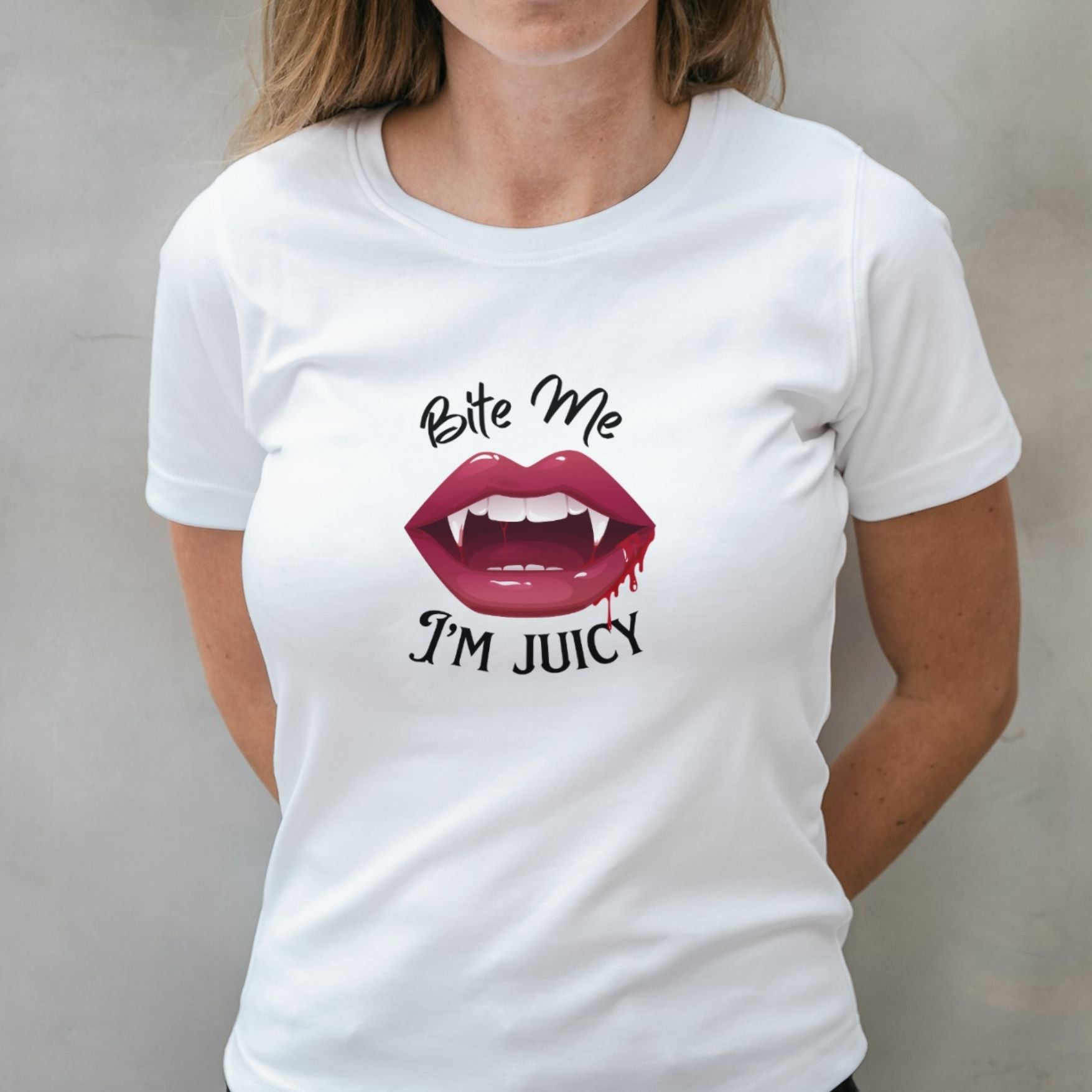 woman wearing bite me graphic tee