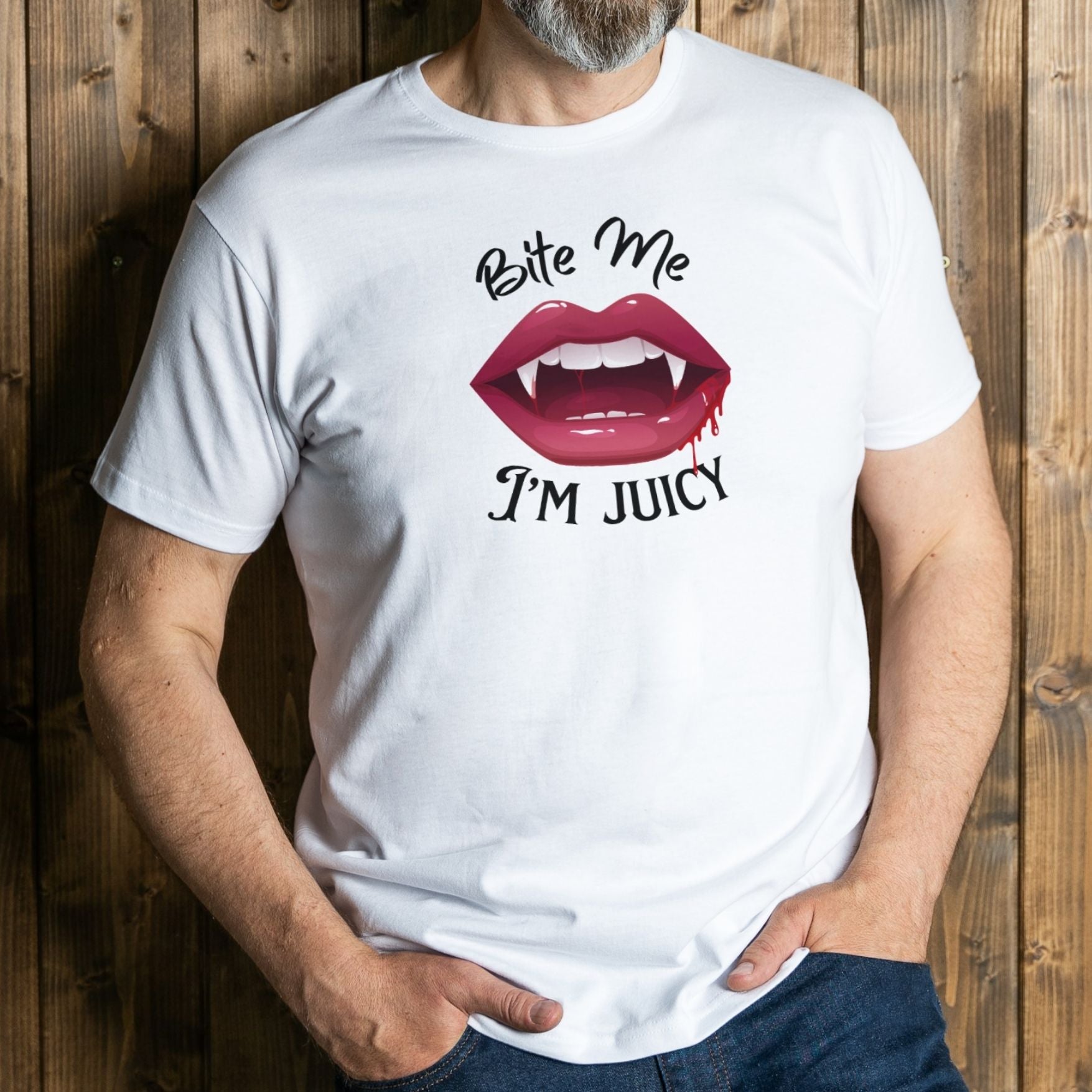 man wearing bite me graphic tee