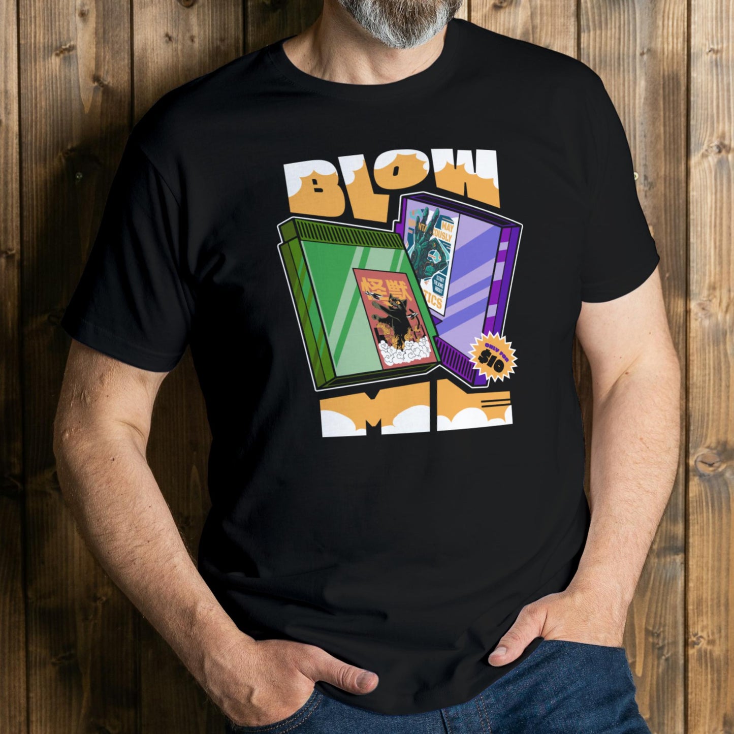 mean wearing blow me cartridges on graphic tee