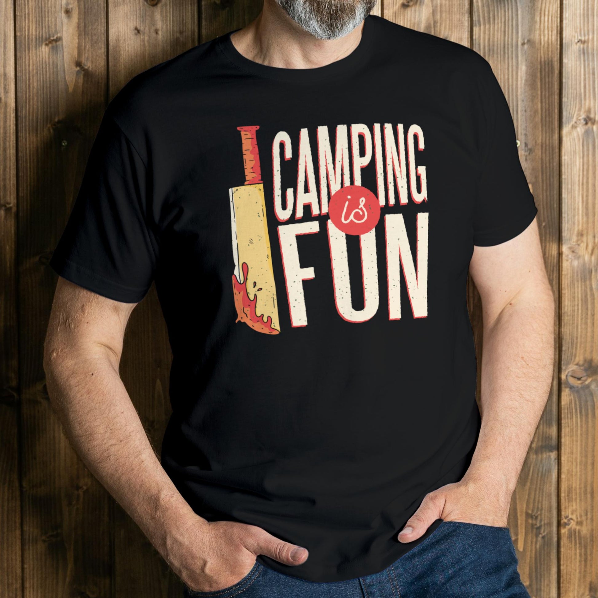 man wearingng camping is fun graphic tee