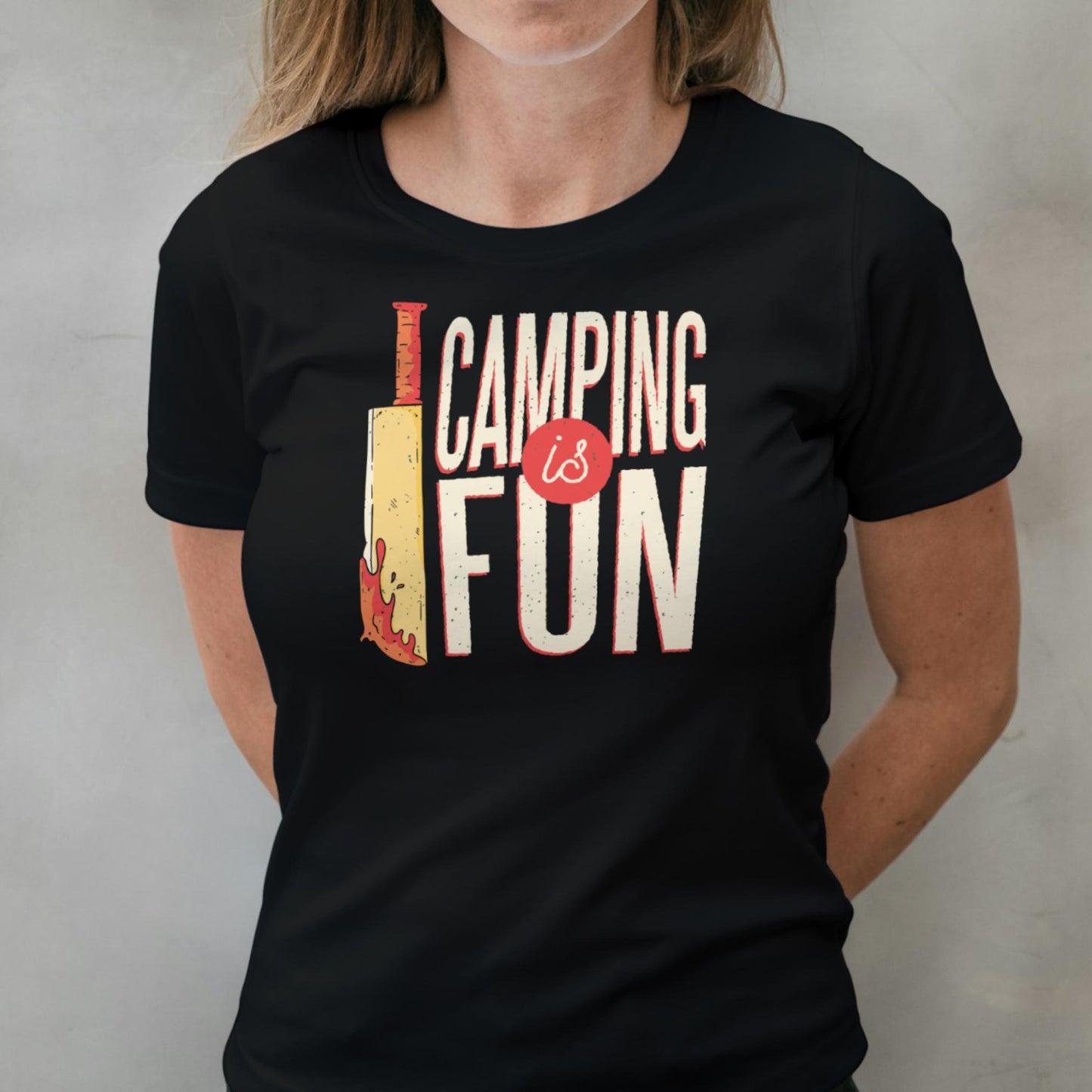 woman wearing camping is fun graphic tee
