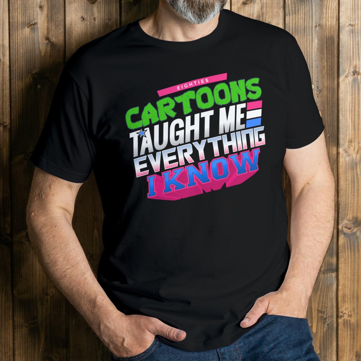 man wearing cartoons graphic tee