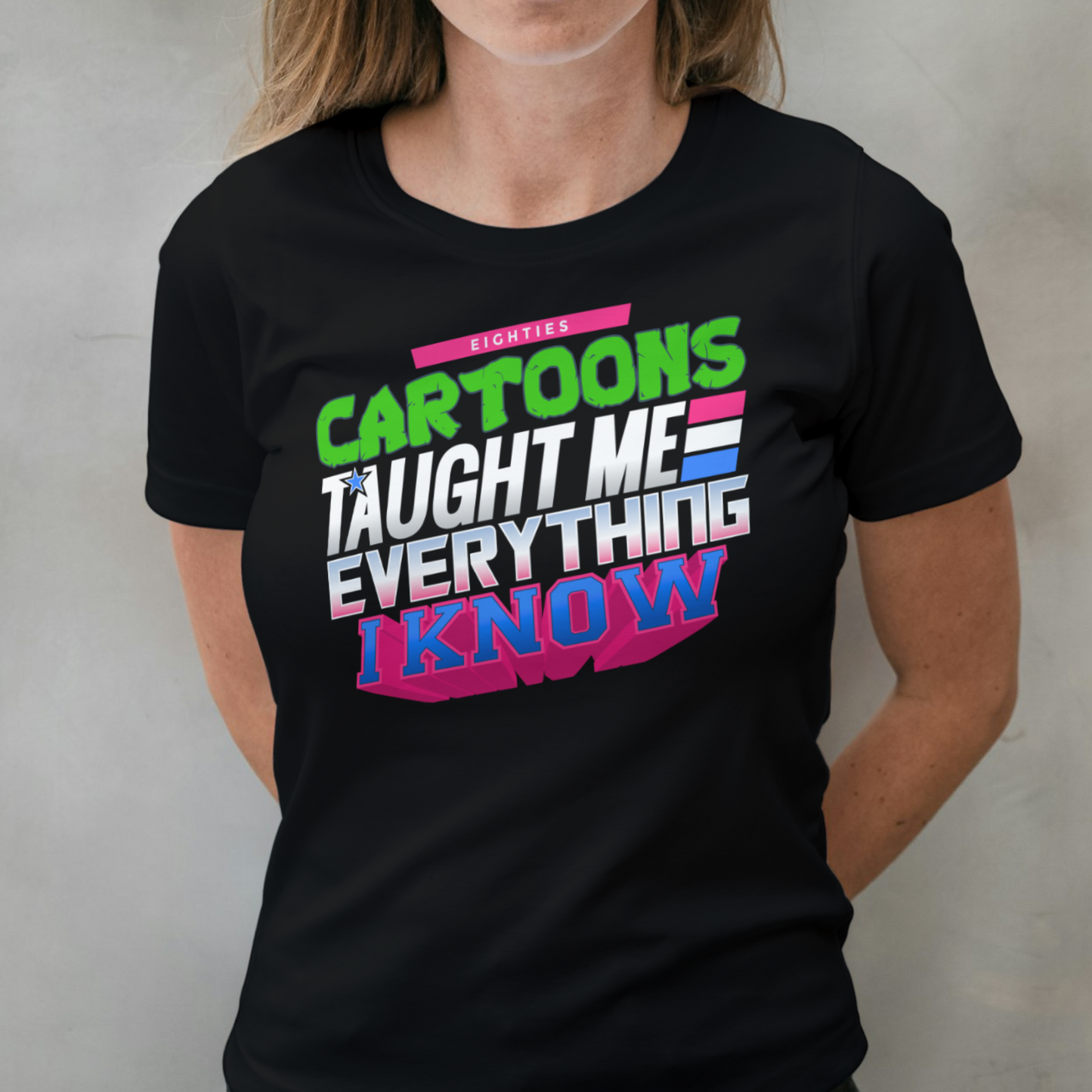woman wearing cartoons graphic tee