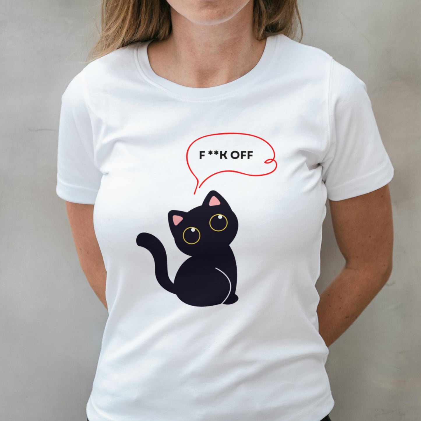 White t-shirt with a black cat graphic and 'F**K OFF' speech bubble worn by a person.