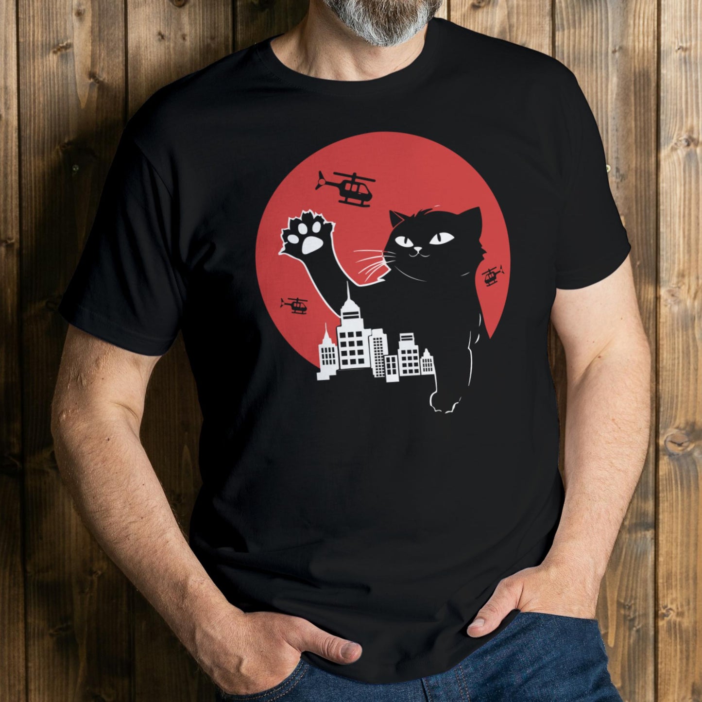 mean wearing cat zilla graphic tee