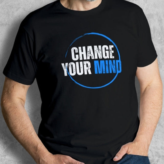 man wearing change your mind t shirt