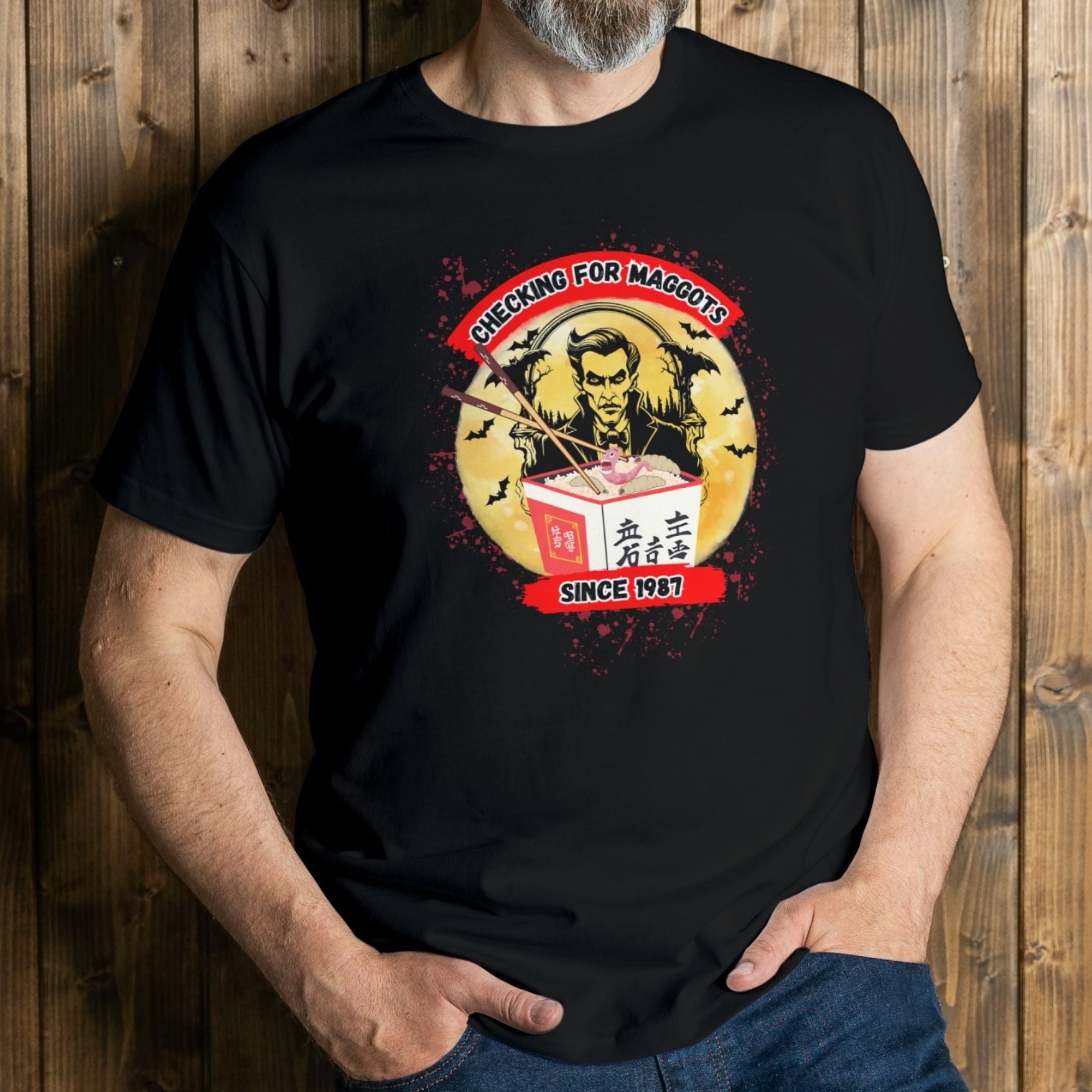 man wearing checking for maggots premium tee