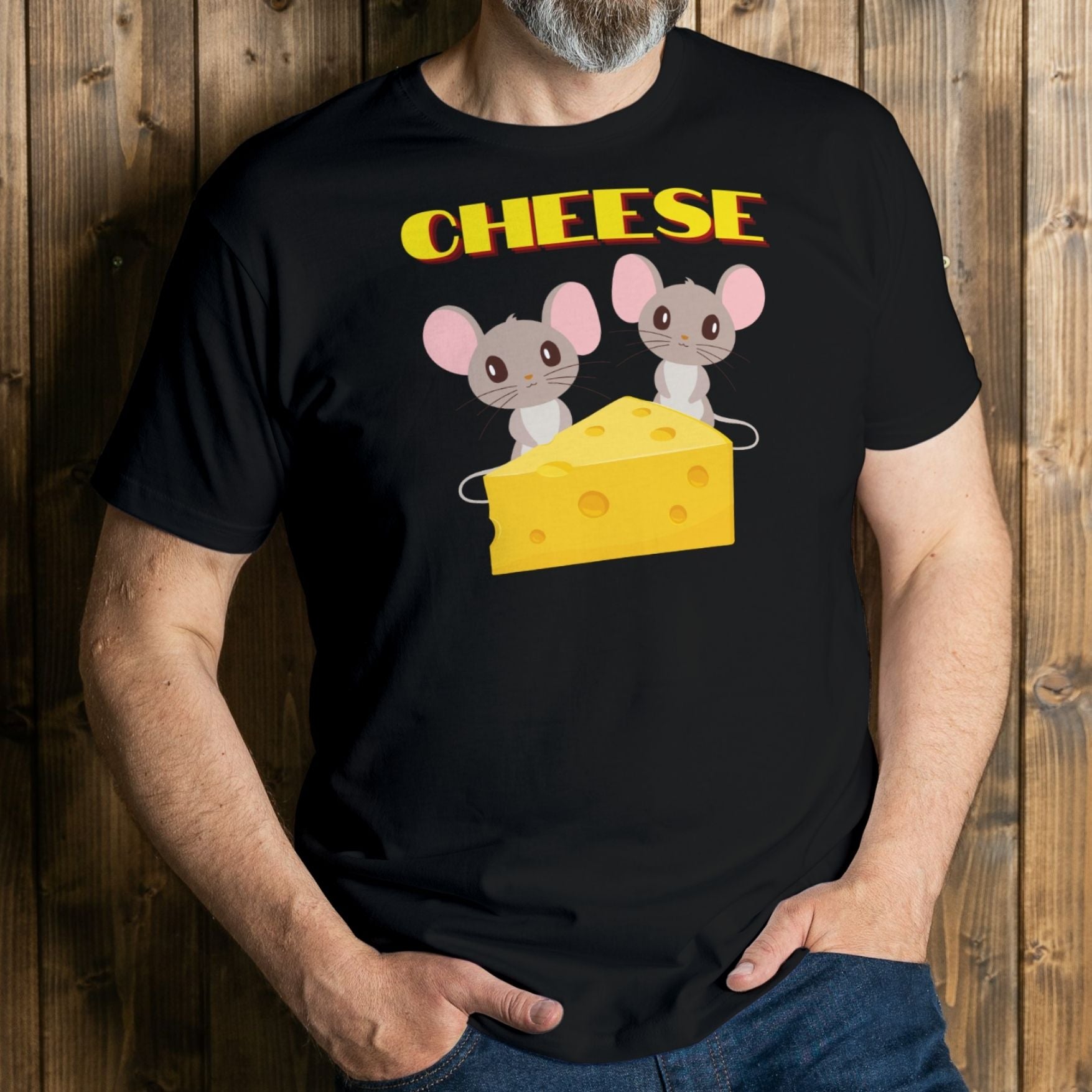 man wearing cheese graphic tee