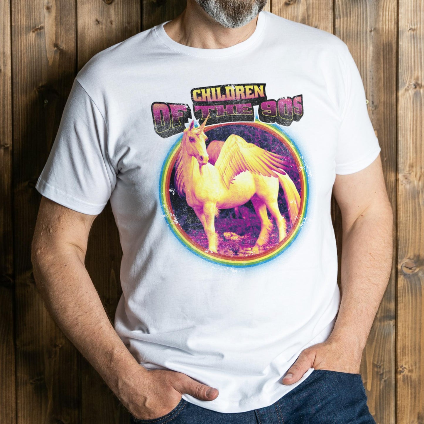 man wearing child of the 90s graphic tee