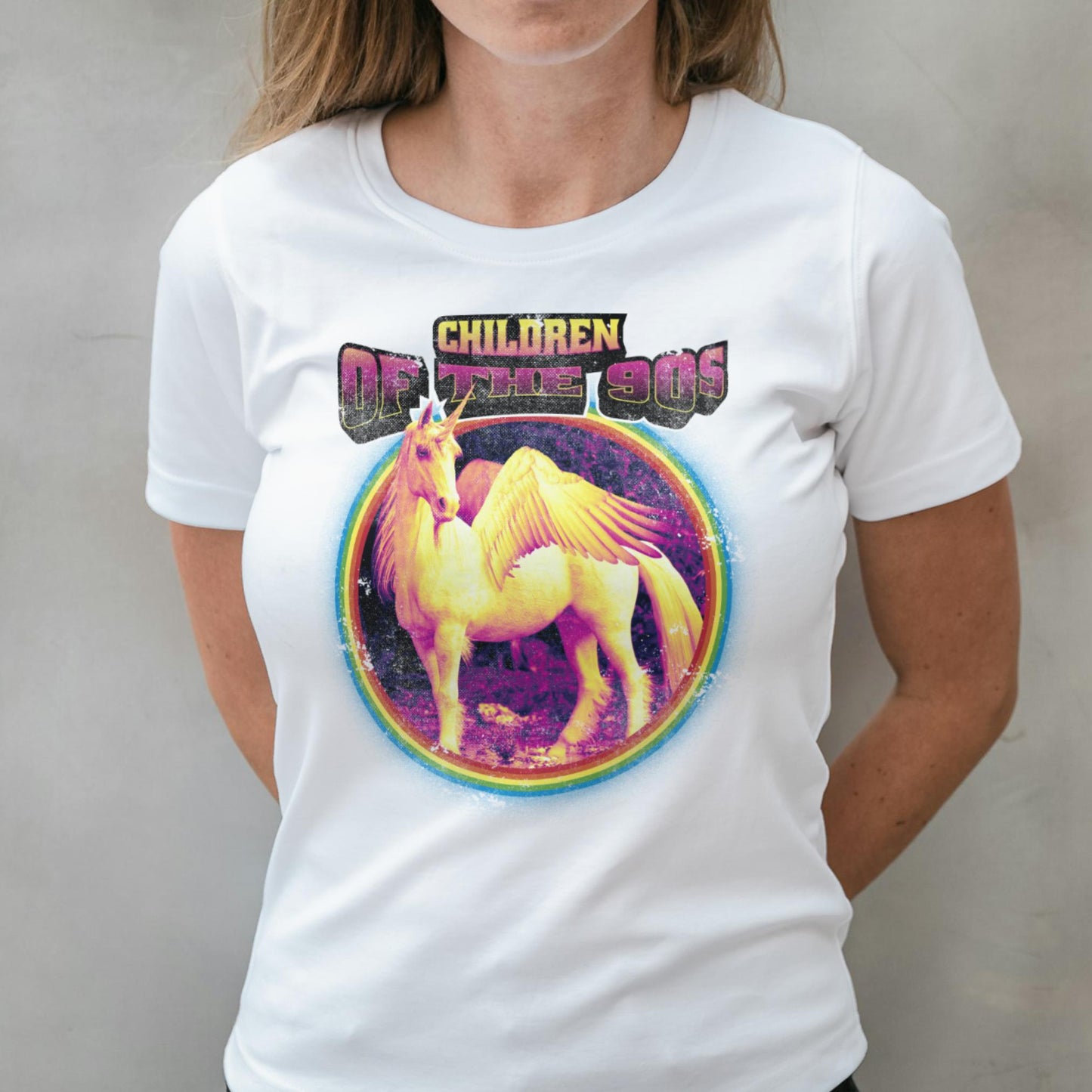 woman wearing child of the 90s graphic tee