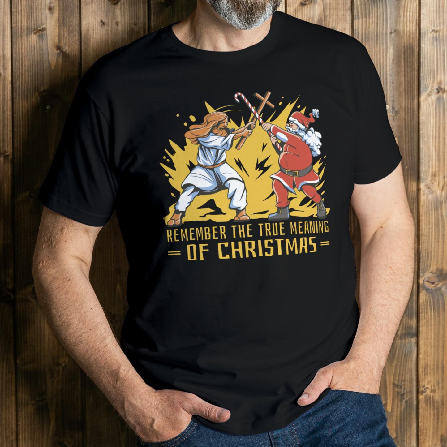 man wearing christmas meaning t shirt