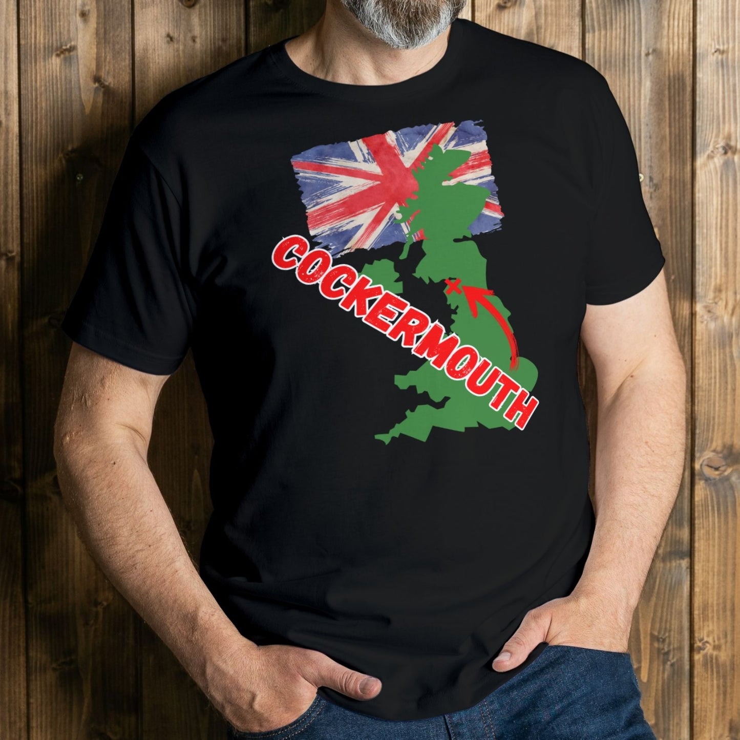 man wearing cockermouth t shirt