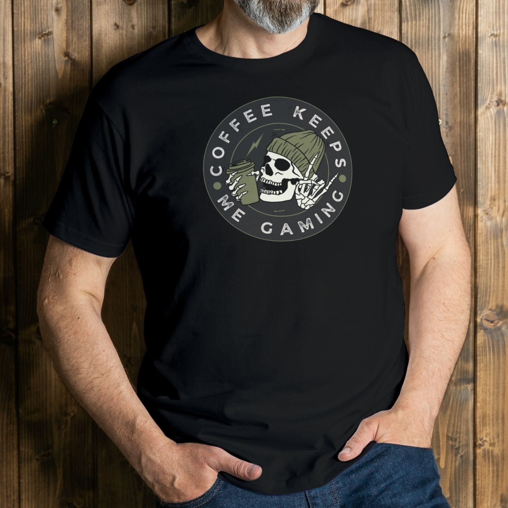 man wearing coffee keeps me gaming graphic tee