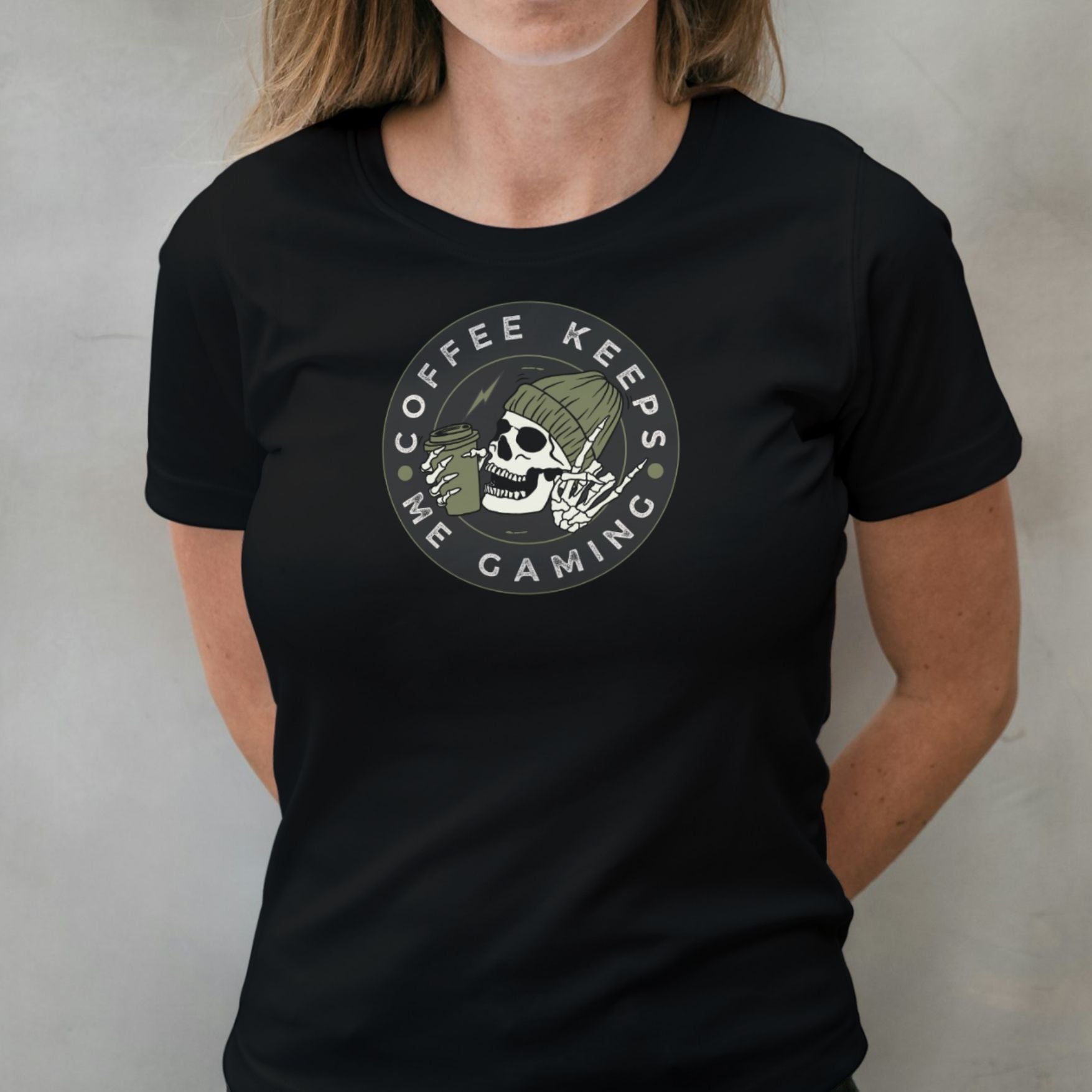 woman wearing coffee keeps me gaming graphic tee