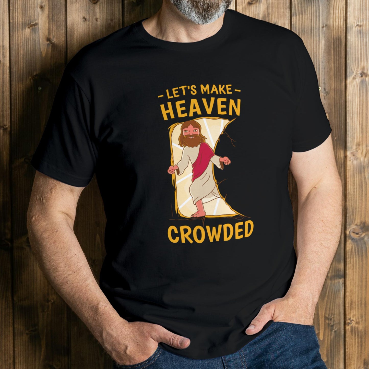 man wearing corwded heaven t shirt